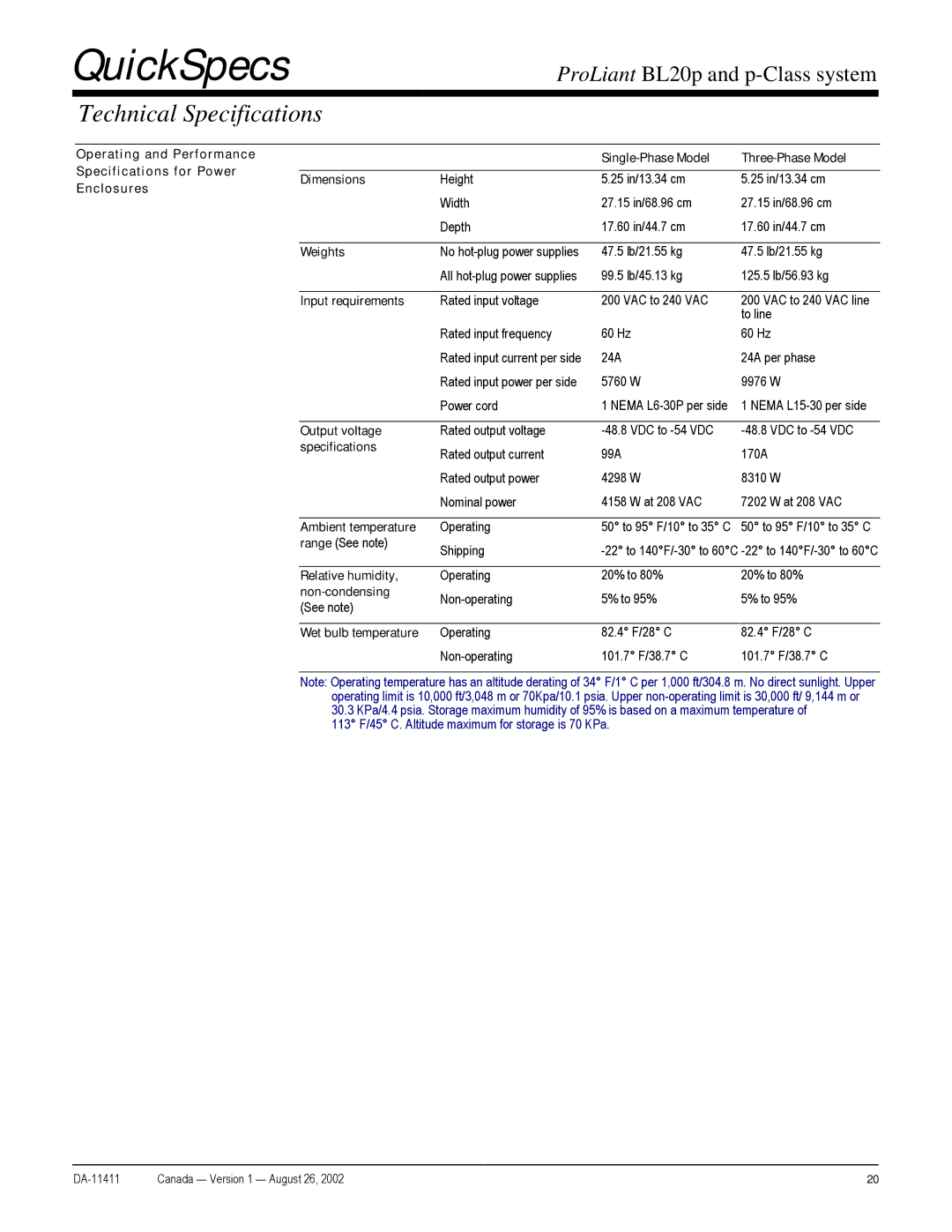 Compaq p-Class warranty Weights, Input requirements, Output voltage, Specifications, Ambient temperature, Non-condensing 