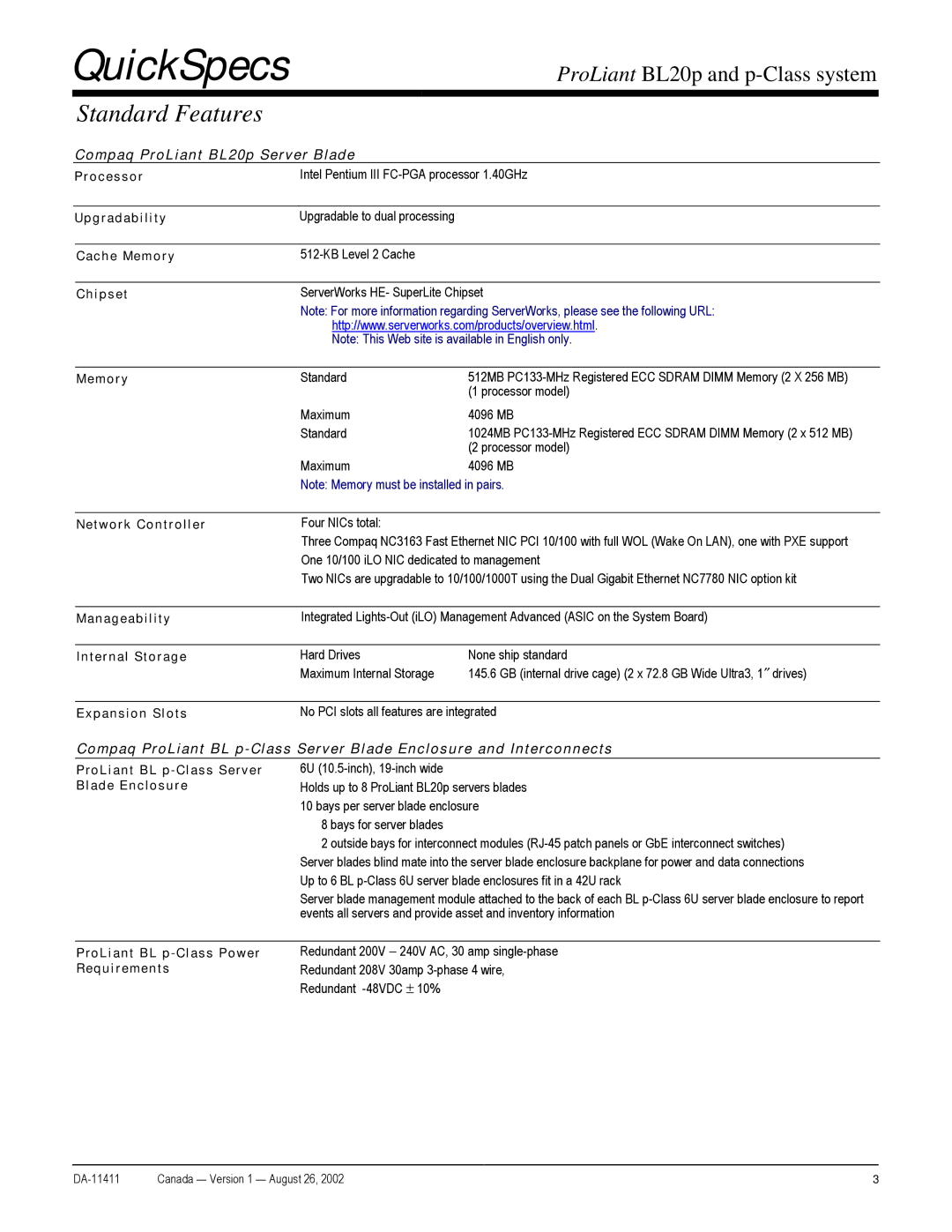 Compaq p-Class warranty Standard Features 