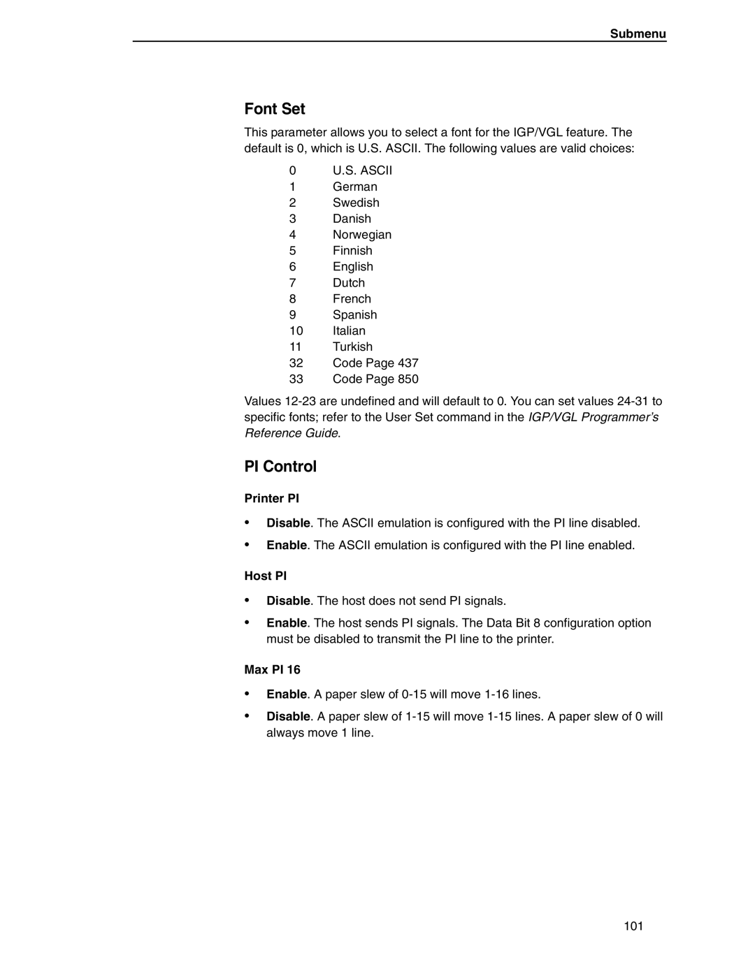 Compaq P5000 Series setup guide Font Set, PI Control, Printer PI, Host PI, Max PI 