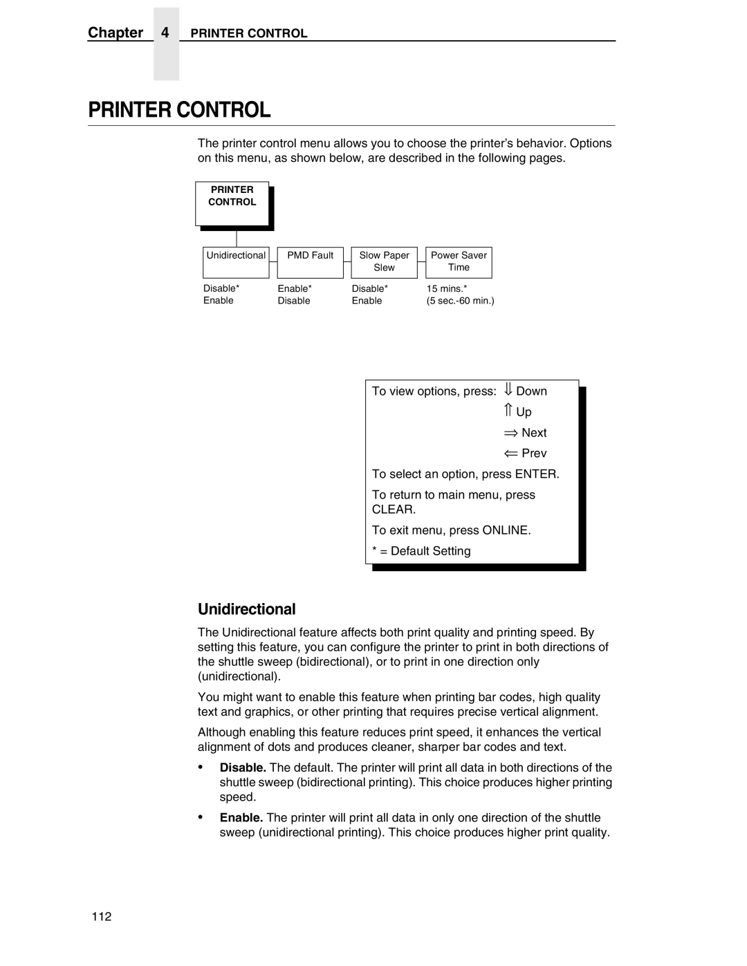 Compaq P5000 Series setup guide Unidirectional, Printer Control 