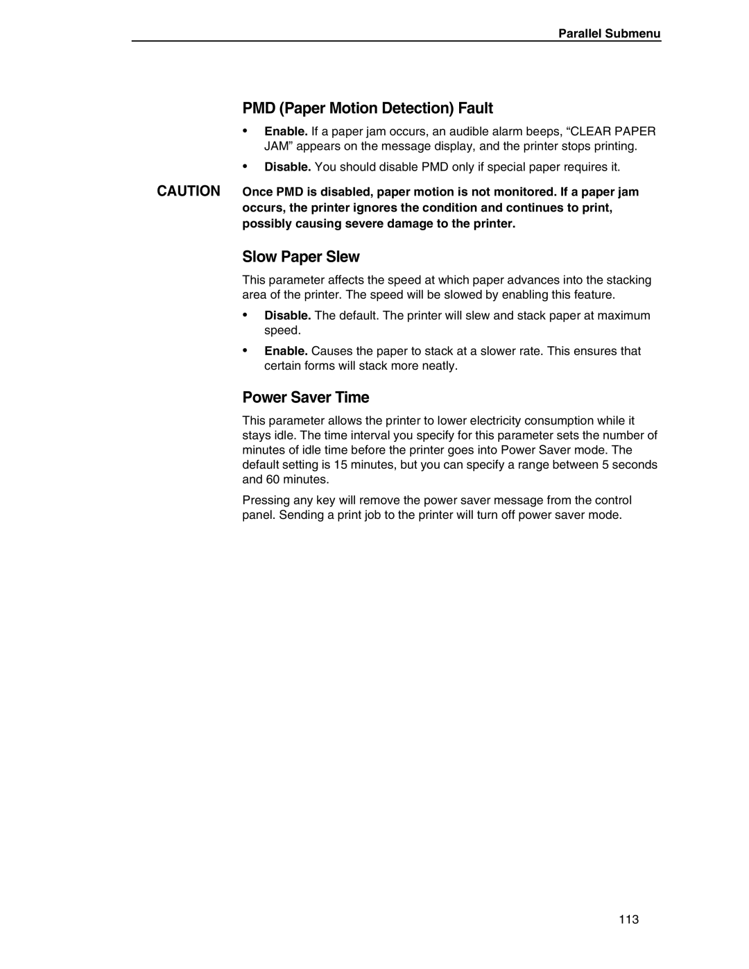 Compaq P5000 Series setup guide PMD Paper Motion Detection Fault, Slow Paper Slew, Power Saver Time 