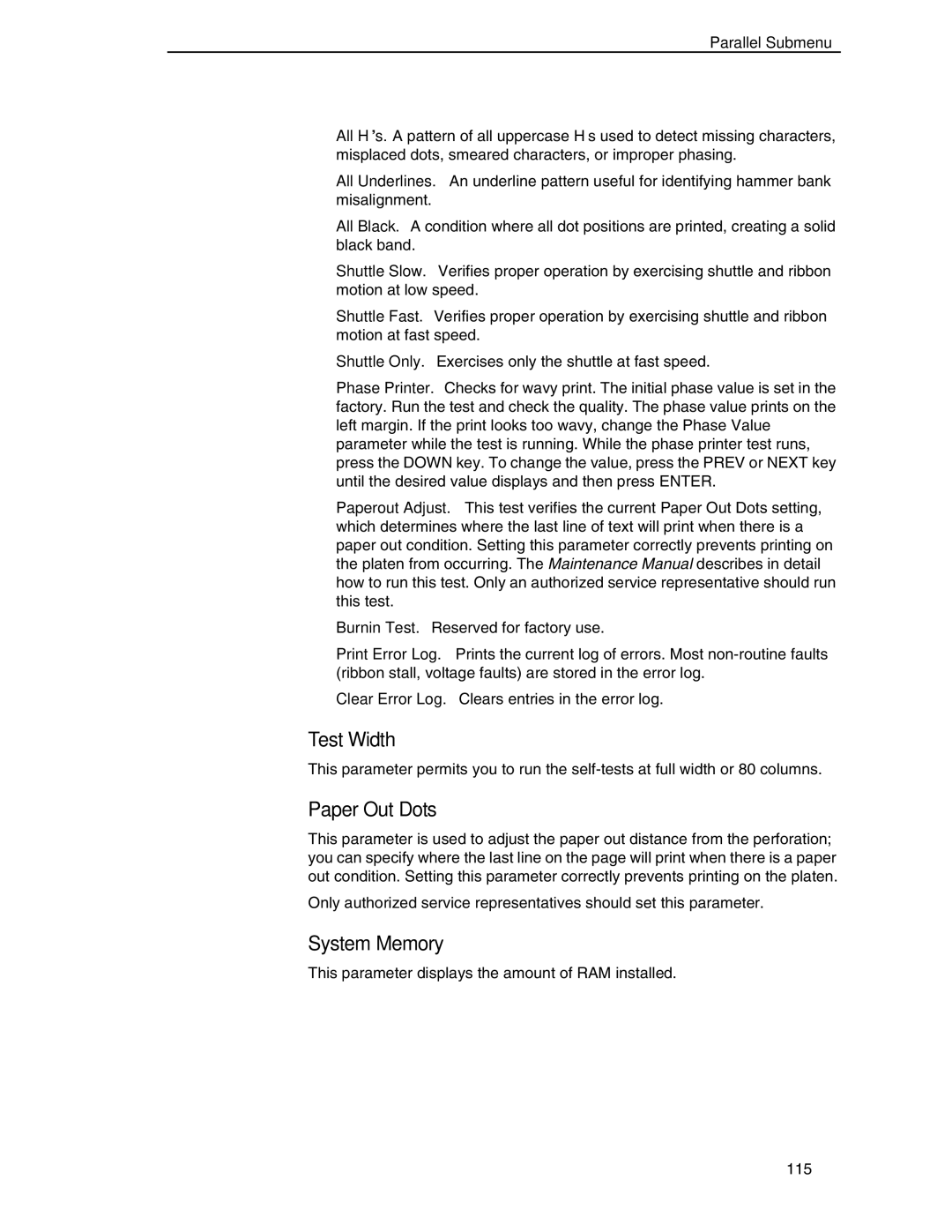 Compaq P5000 Series setup guide Test Width, Paper Out Dots, System Memory 