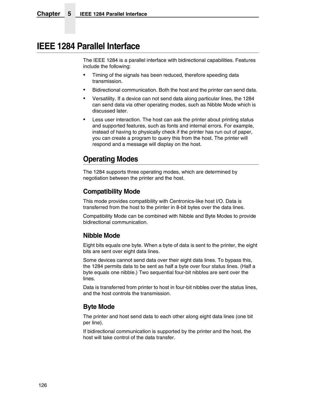 Compaq P5000 Series setup guide Ieee 1284 Parallel Interface, Compatibility Mode, Nibble Mode, Byte Mode 