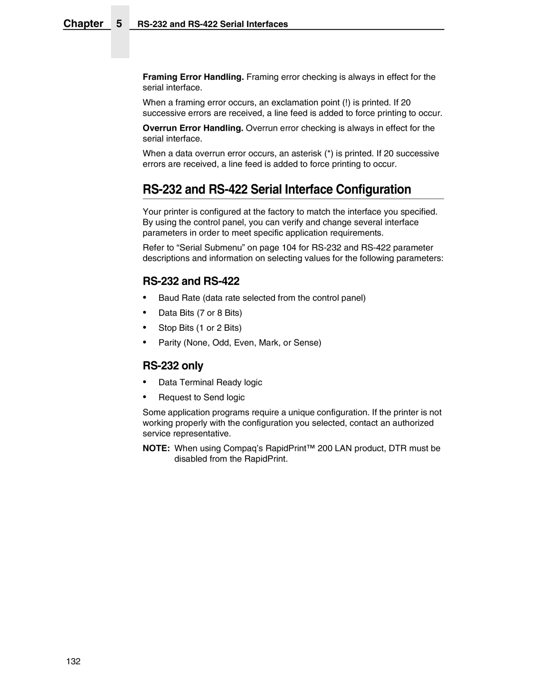 Compaq P5000 Series setup guide RS-232 and RS-422 Serial Interface Configuration, RS-232 only 