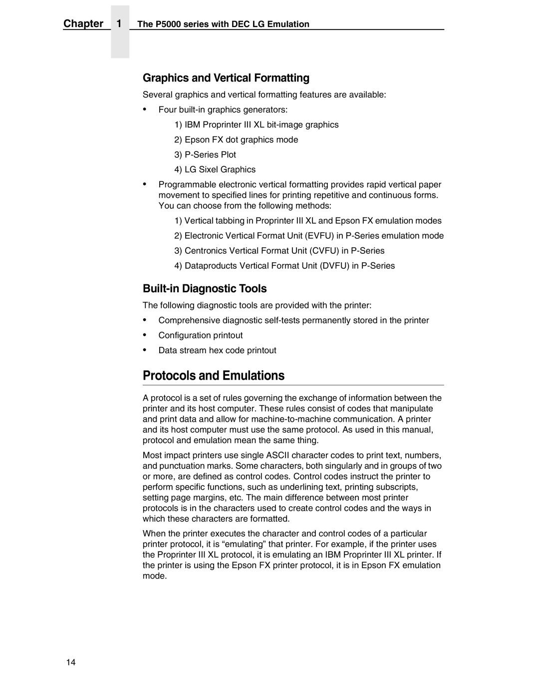 Compaq P5000 Series setup guide Protocols and Emulations, Graphics and Vertical Formatting, Built-in Diagnostic Tools 