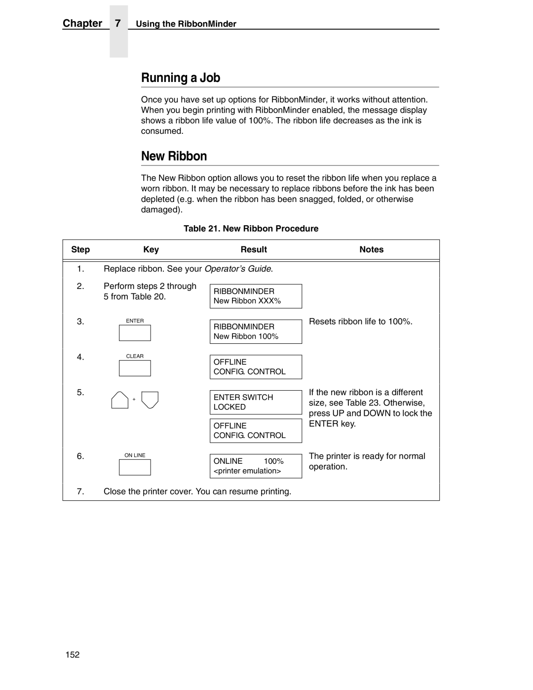 Compaq P5000 Series setup guide Running a Job, New Ribbon Procedure Step Key Result 