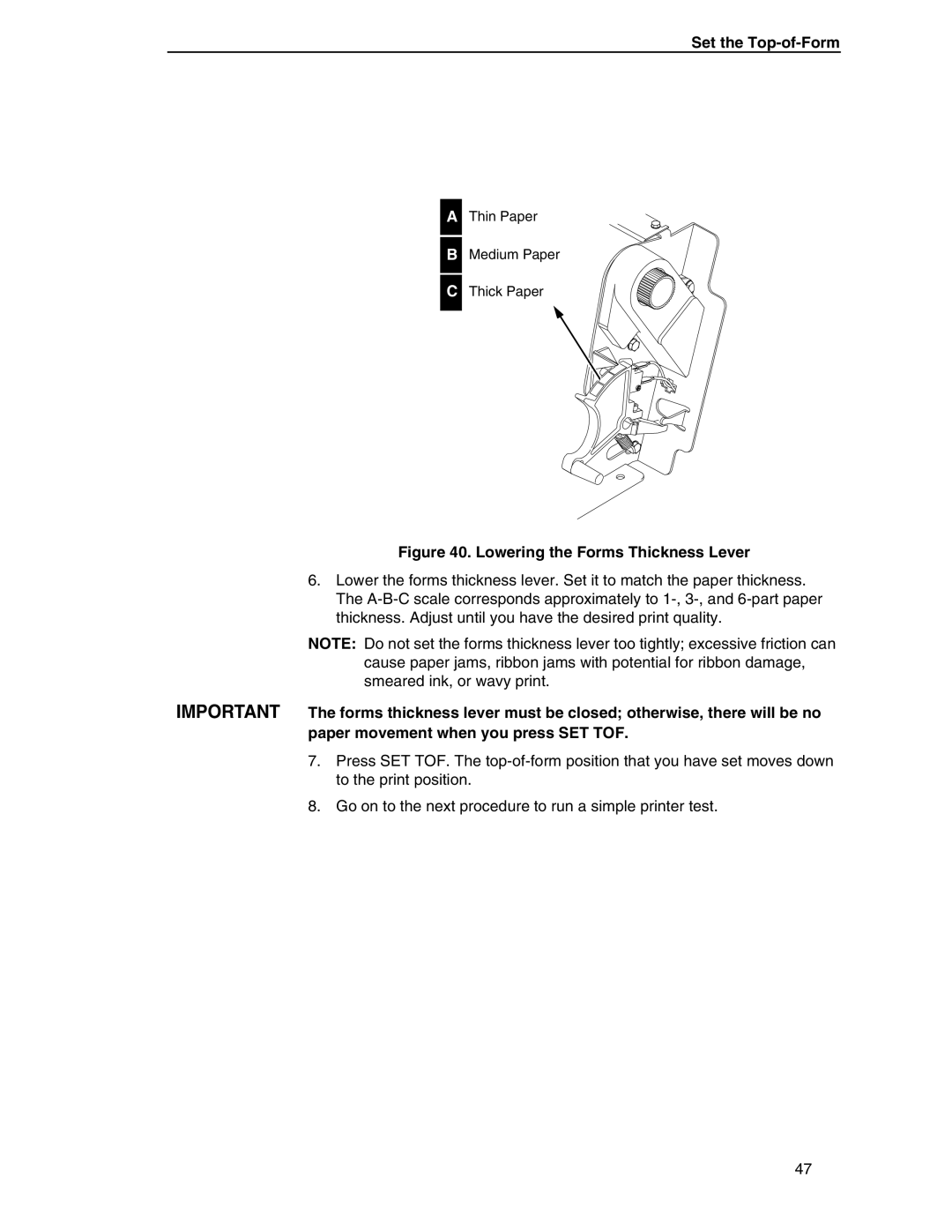 Compaq P5000 Series setup guide Lowering the Forms Thickness Lever 