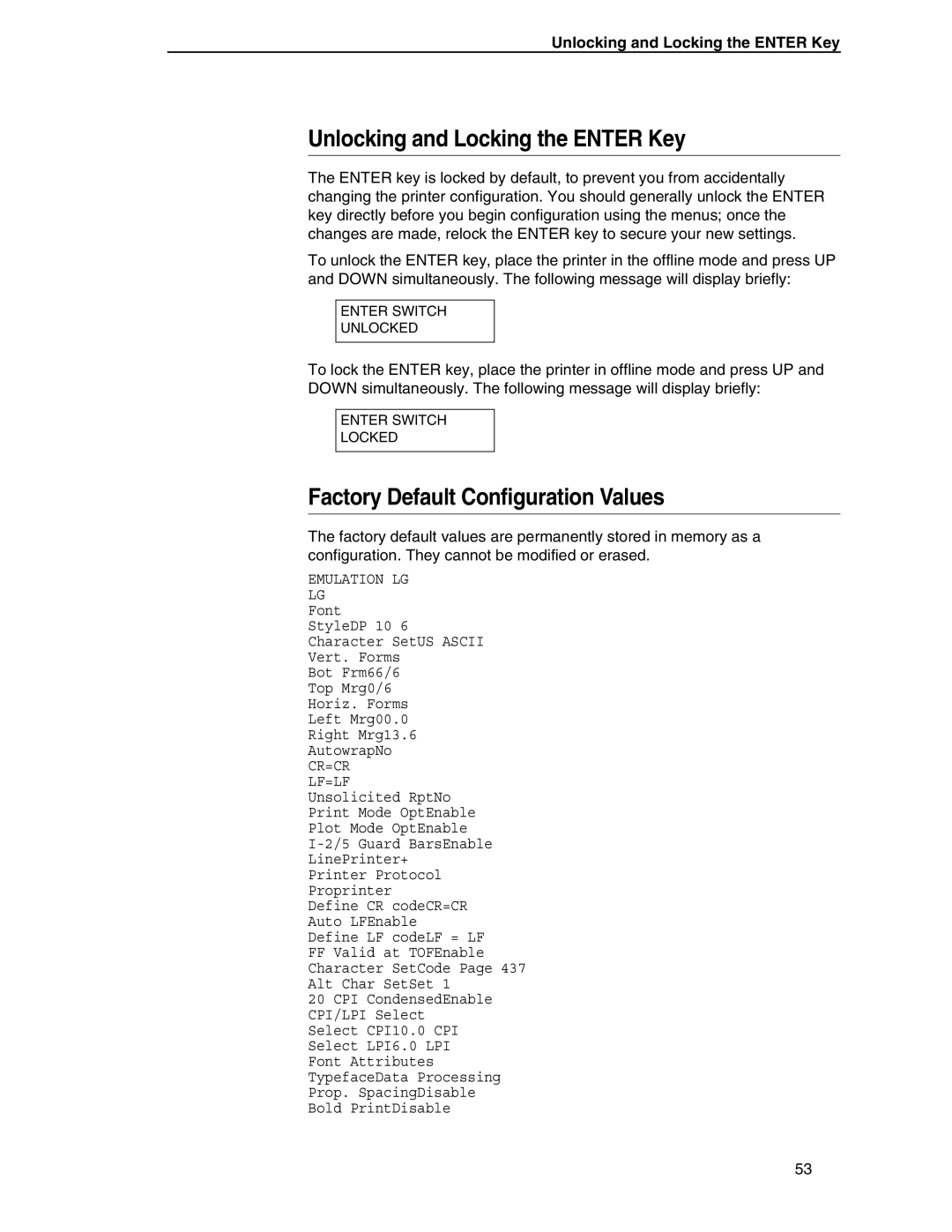 Compaq P5000 Series setup guide Unlocking and Locking the Enter Key, Factory Default Configuration Values 