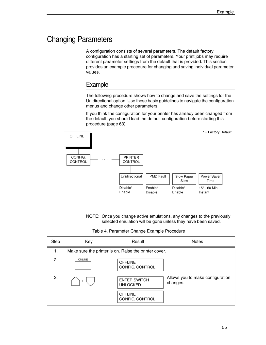 Compaq P5000 Series setup guide Changing Parameters, Parameter Change Example Procedure Step Key Result 