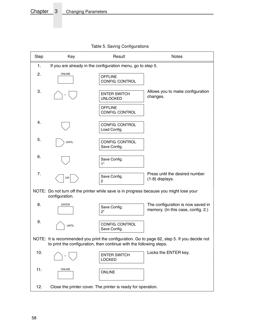 Compaq P5000 Series setup guide Changing Parameters Saving Configurations Step Key Result 