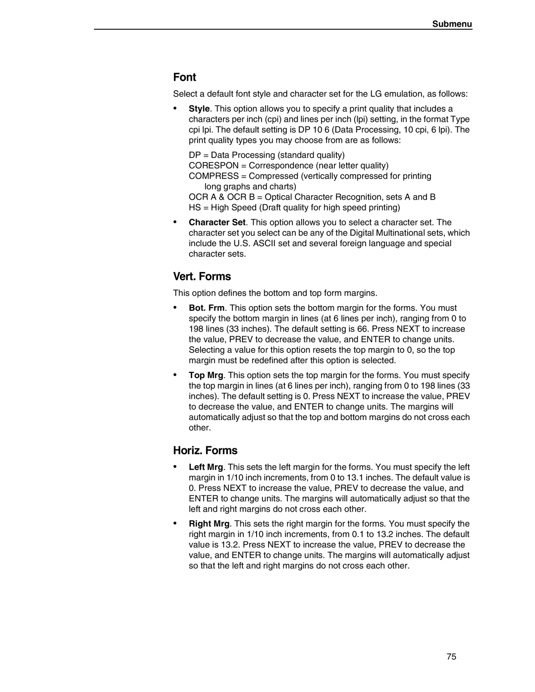 Compaq P5000 Series setup guide Font, Vert. Forms, Horiz. Forms, Submenu 