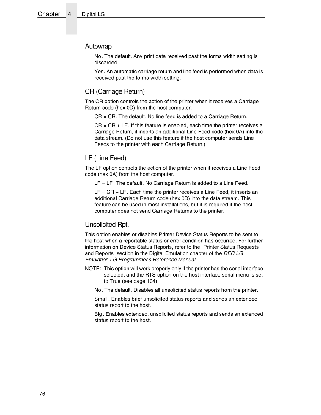 Compaq P5000 Series setup guide Autowrap, CR Carriage Return, LF Line Feed, Unsolicited Rpt 