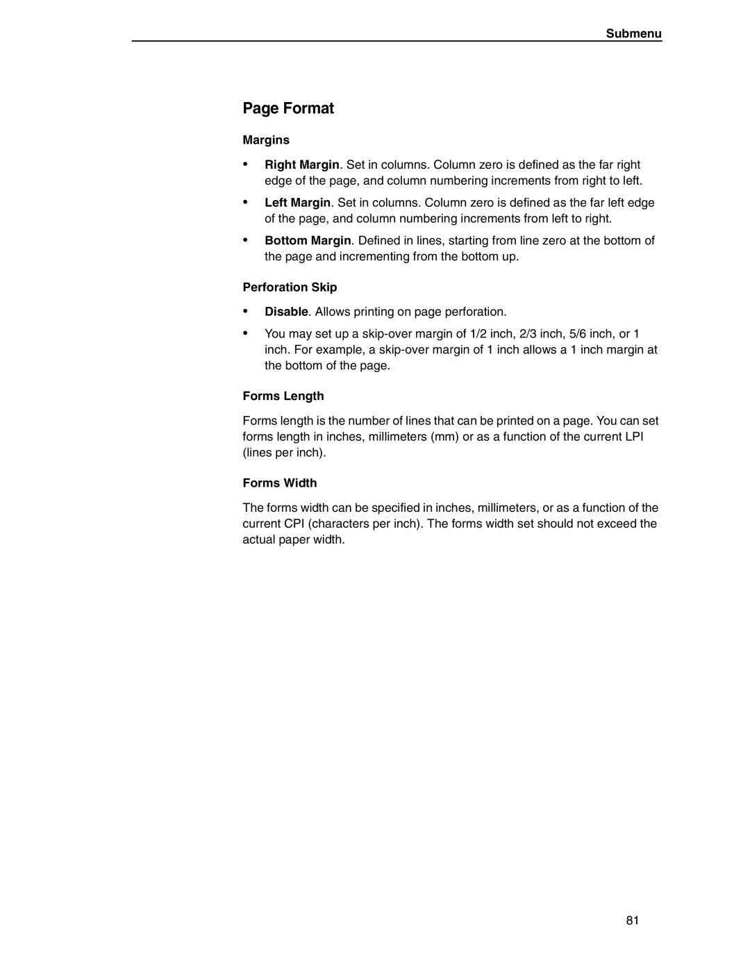 Compaq P5000 Series setup guide Format, Margins, Perforation Skip, Forms Length, Forms Width 