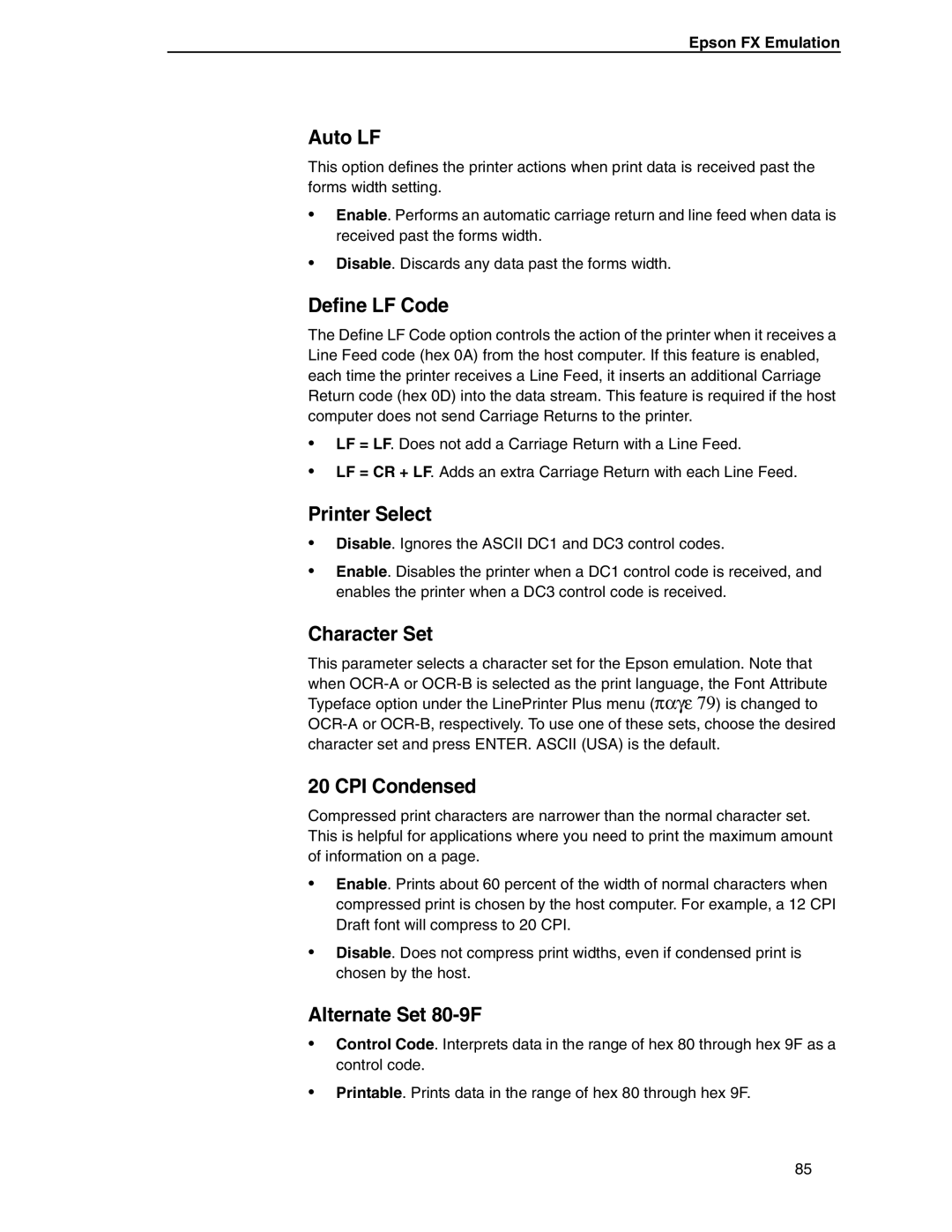 Compaq P5000 Series setup guide Printer Select, Alternate Set 80-9F, Epson FX Emulation 