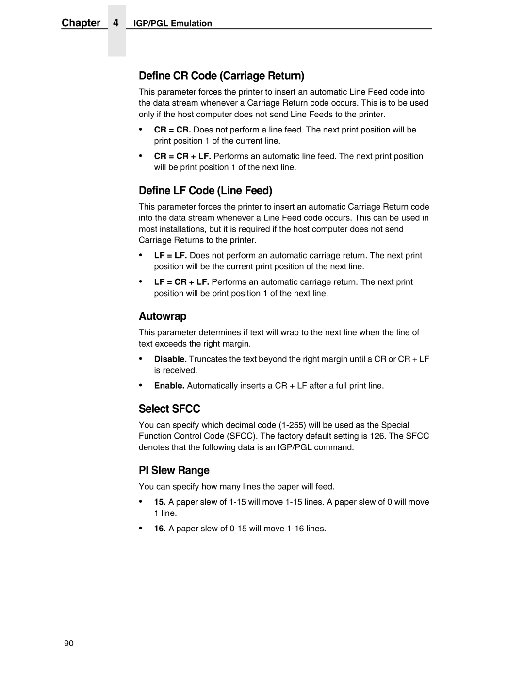 Compaq P5000 Series setup guide Define CR Code Carriage Return, Define LF Code Line Feed, PI Slew Range, IGP/PGL Emulation 