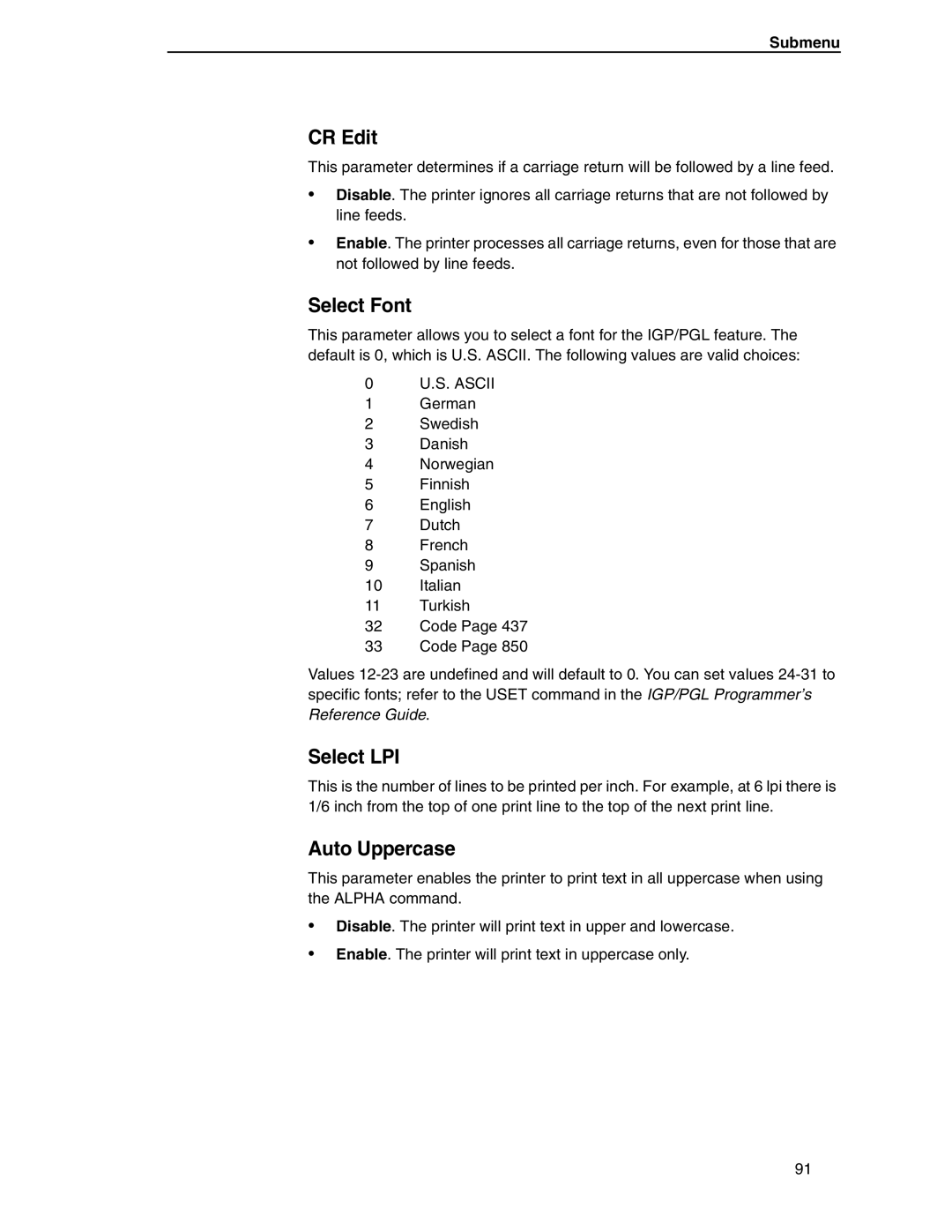 Compaq P5000 Series setup guide CR Edit, Select Font, Select LPI, Auto Uppercase, S. Ascii 