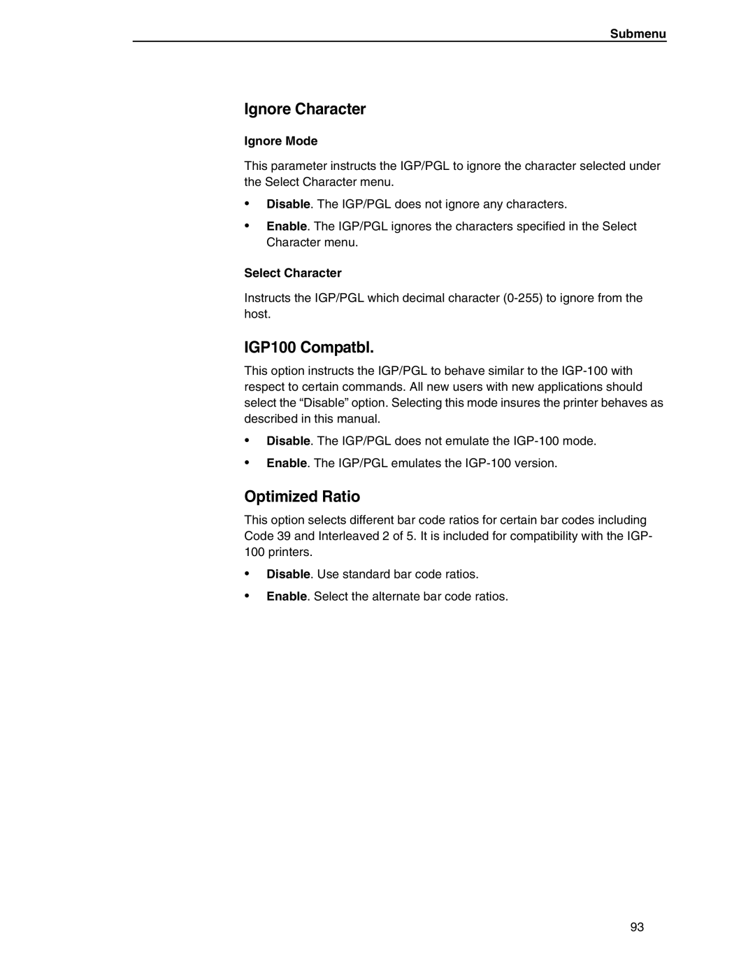 Compaq P5000 Series setup guide Ignore Character, IGP100 Compatbl, Optimized Ratio, Ignore Mode, Select Character 