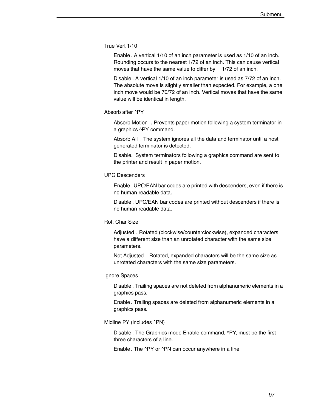 Compaq P5000 Series setup guide Submenu True Vert 1/10, Absorb after PY, UPC Descenders, Rot. Char Size, Ignore Spaces 