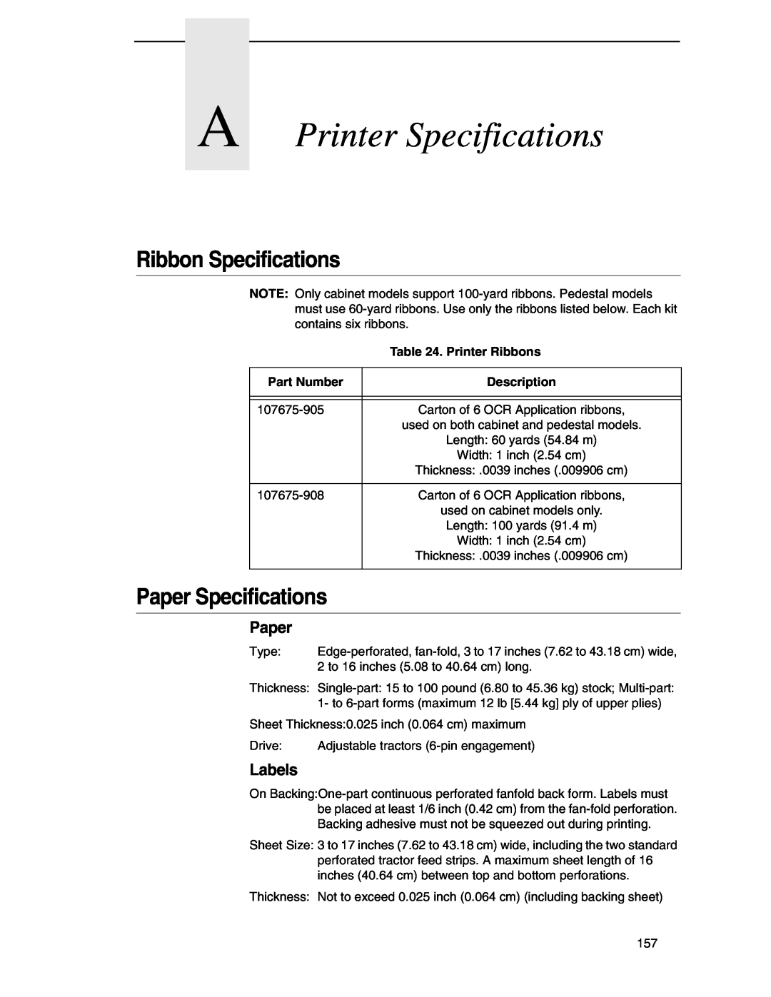 Compaq P5000 Series A Printer Specifications, Ribbon Specifications, Paper Specifications, Labels, Printer Ribbons 