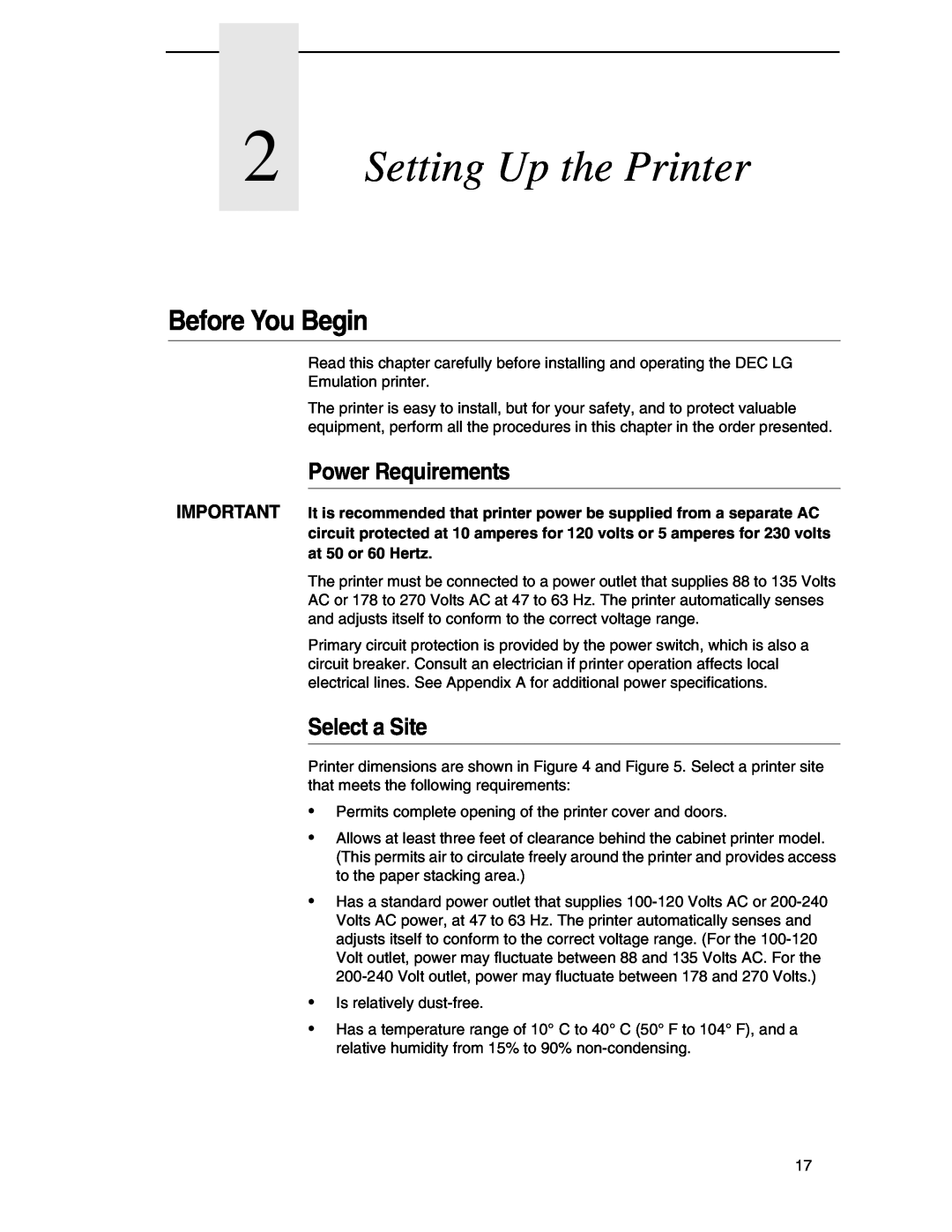 Compaq P5000 Series setup guide Setting Up the Printer, Before You Begin, Power Requirements, Select a Site 