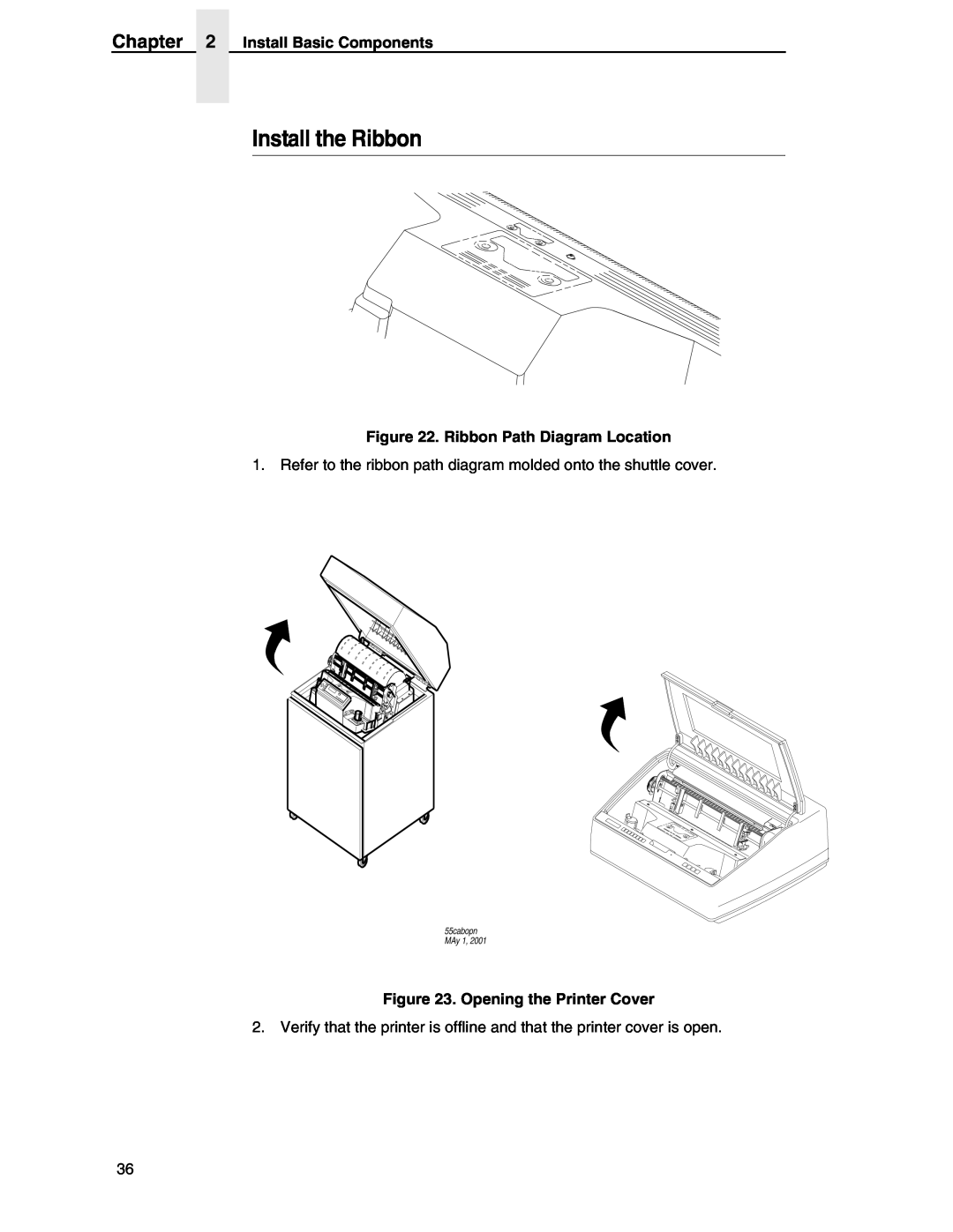 Compaq P5000 Series Install the Ribbon, Ribbon Path Diagram Location, Opening the Printer Cover, Install Basic Components 