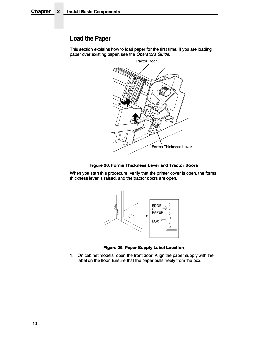 Compaq P5000 Series setup guide Load the Paper, Forms Thickness Lever and Tractor Doors, Paper Supply Label Location 