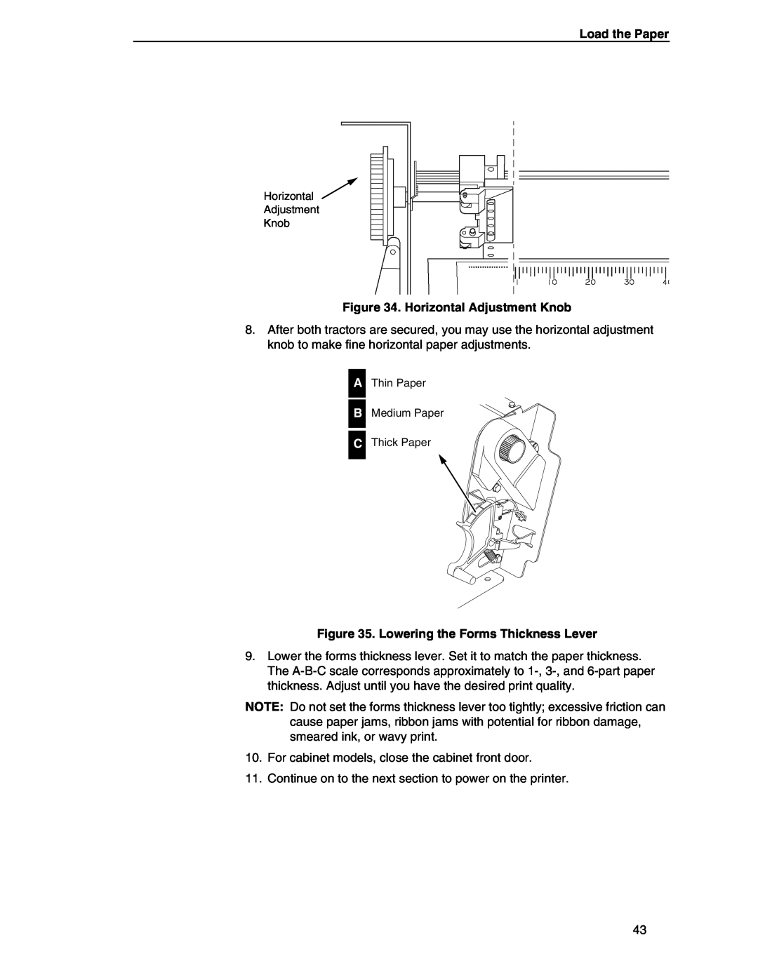 Compaq P5000 Series setup guide Horizontal Adjustment Knob, A B C, Lowering the Forms Thickness Lever, Load the Paper 