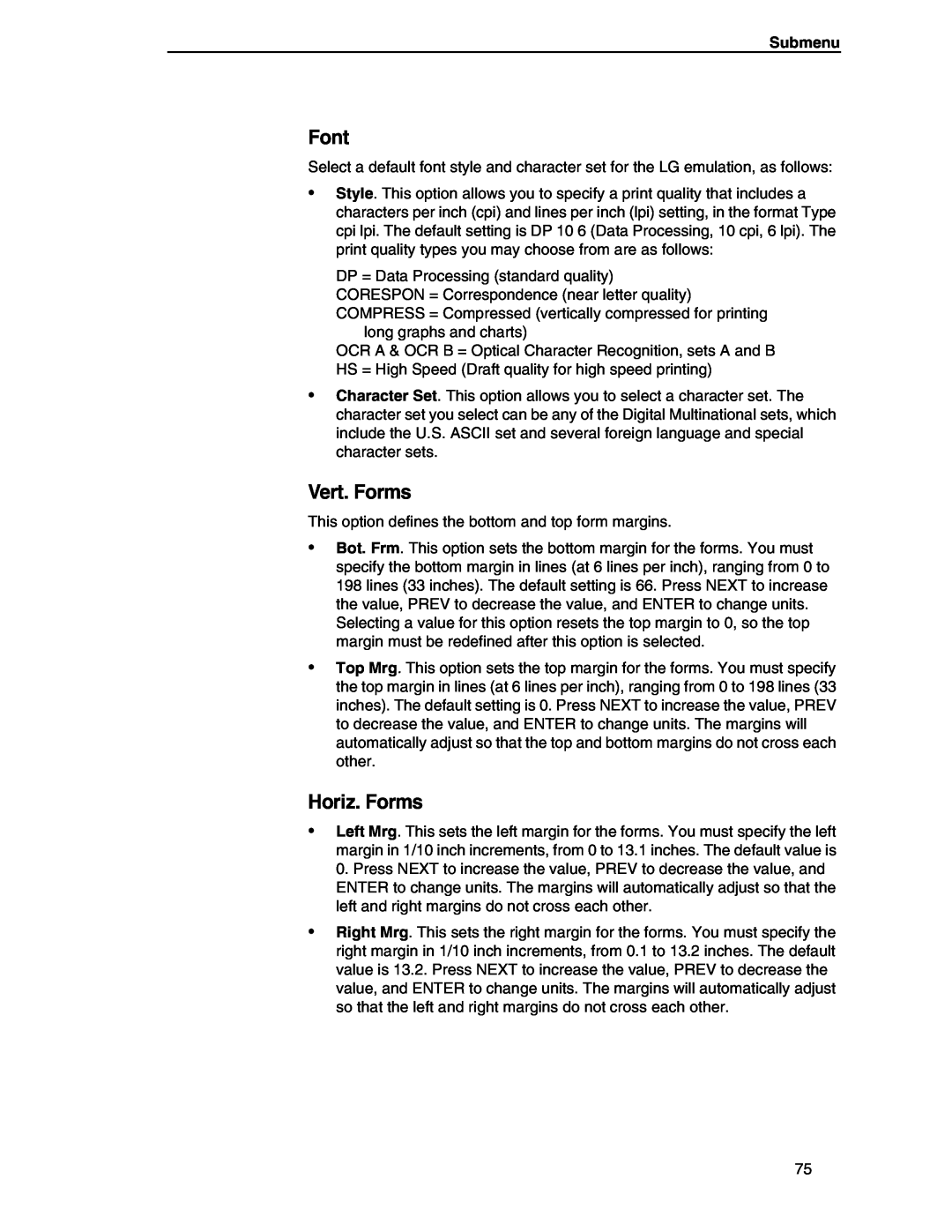 Compaq P5000 Series setup guide Font, Vert. Forms, Horiz. Forms, Submenu 
