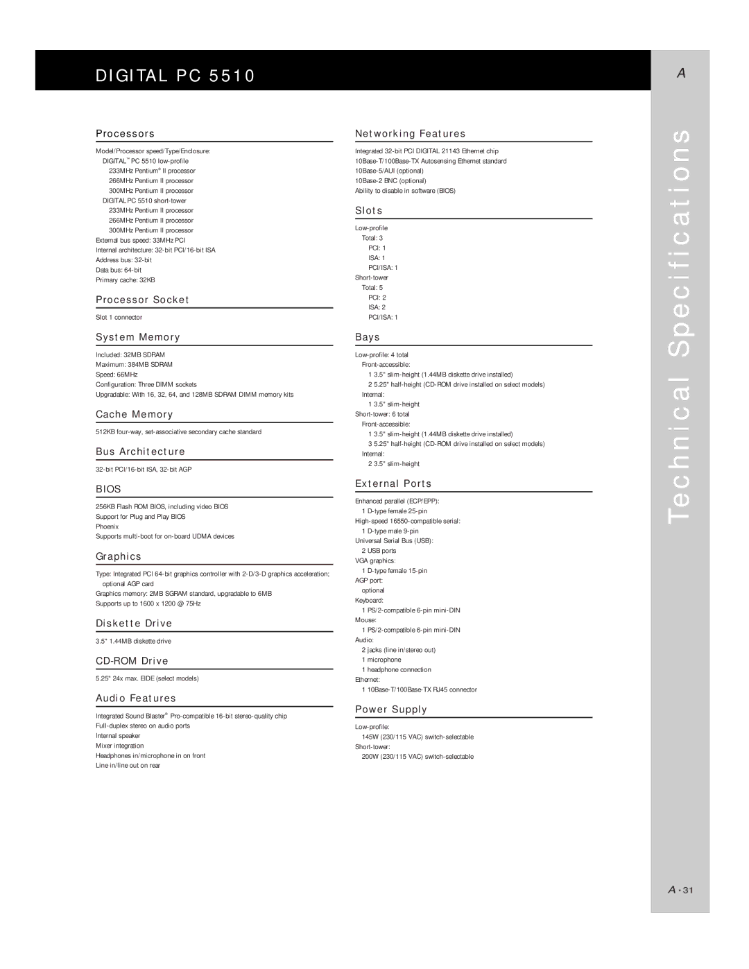 Compaq PC 5510 manual Te c h n i c a l Specification s 