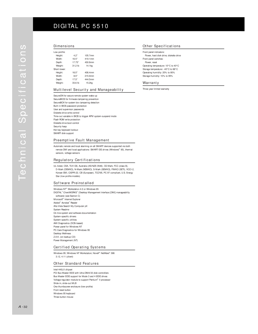 Compaq PC 5510 Dimensions Other Specifications, Warranty, Multilevel Security and Manageability, Regulatory Certifications 