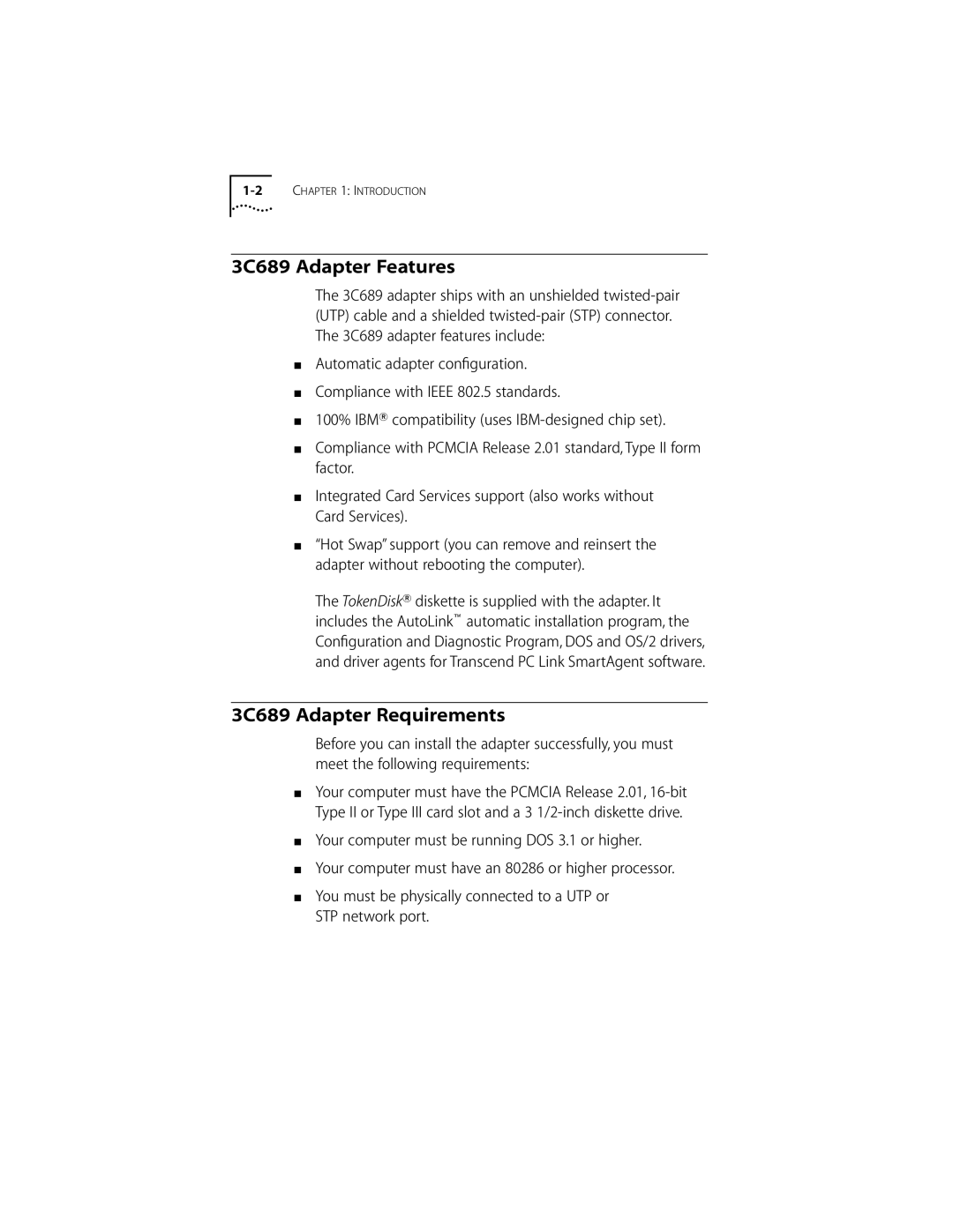 Compaq PC CARD ADAPTER manual 3C689 Adapter Features, 3C689 Adapter Requirements 