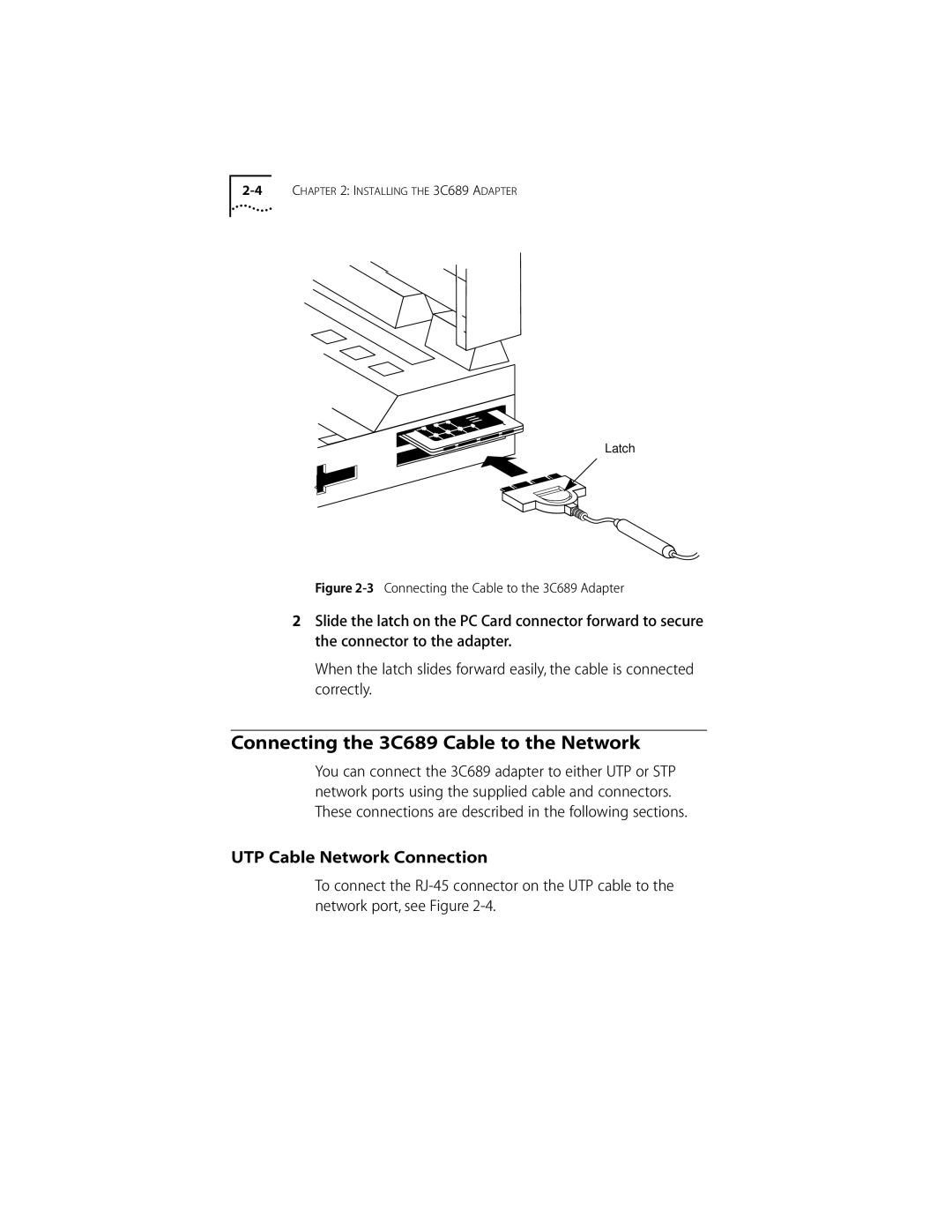 Compaq PC CARD ADAPTER manual Connecting the 3C689 Cable to the Network, UTP Cable Network Connection 