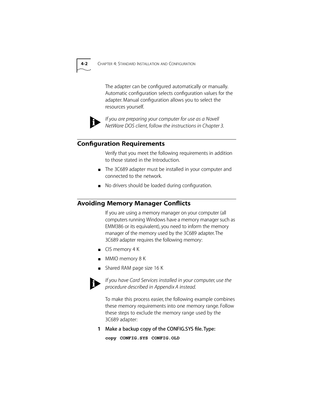 Compaq PC CARD ADAPTER manual Conﬁguration Requirements, Avoiding Memory Manager Conﬂicts 