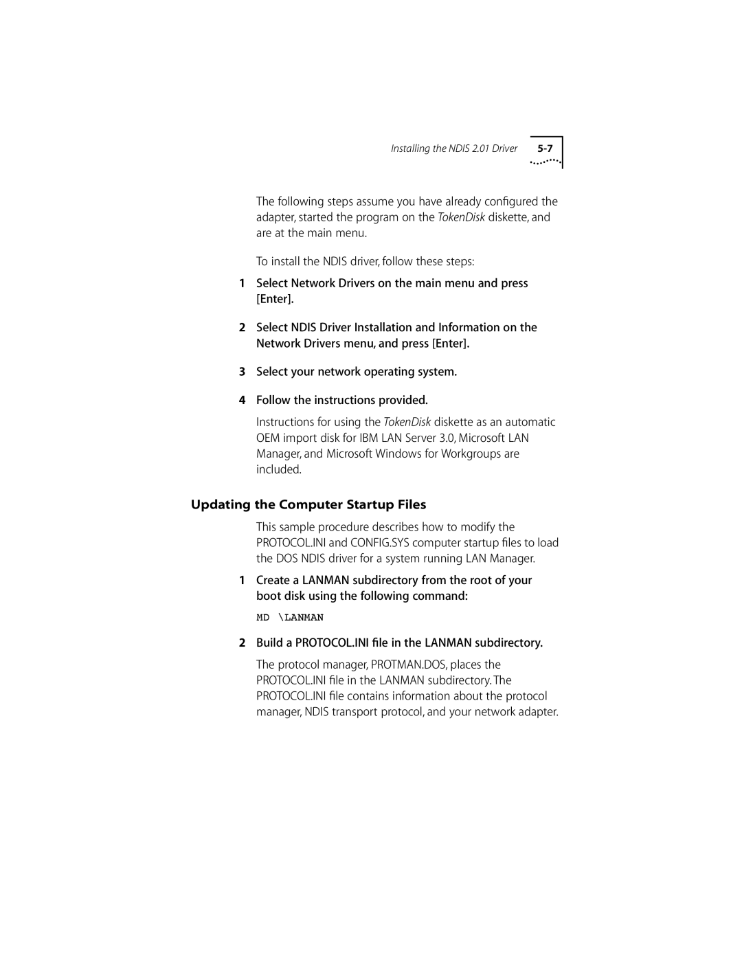 Compaq PC CARD ADAPTER manual Updating the Computer Startup Files, Build a PROTOCOL.INI ﬁle in the Lanman subdirectory 