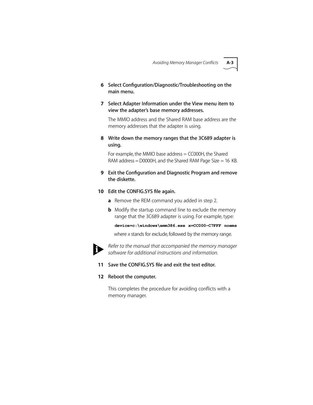 Compaq PC CARD ADAPTER manual Write down the memory ranges that the 3C689 adapter is using 