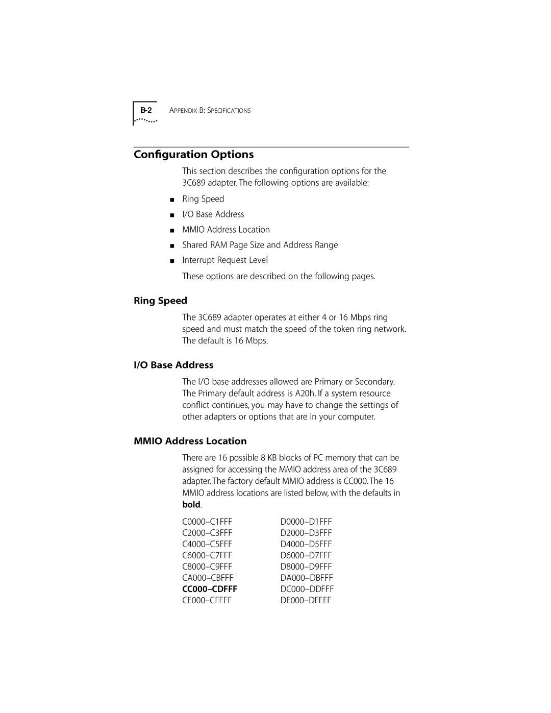 Compaq PC CARD ADAPTER manual Conﬁguration Options, Ring Speed, Base Address, Mmio Address Location 