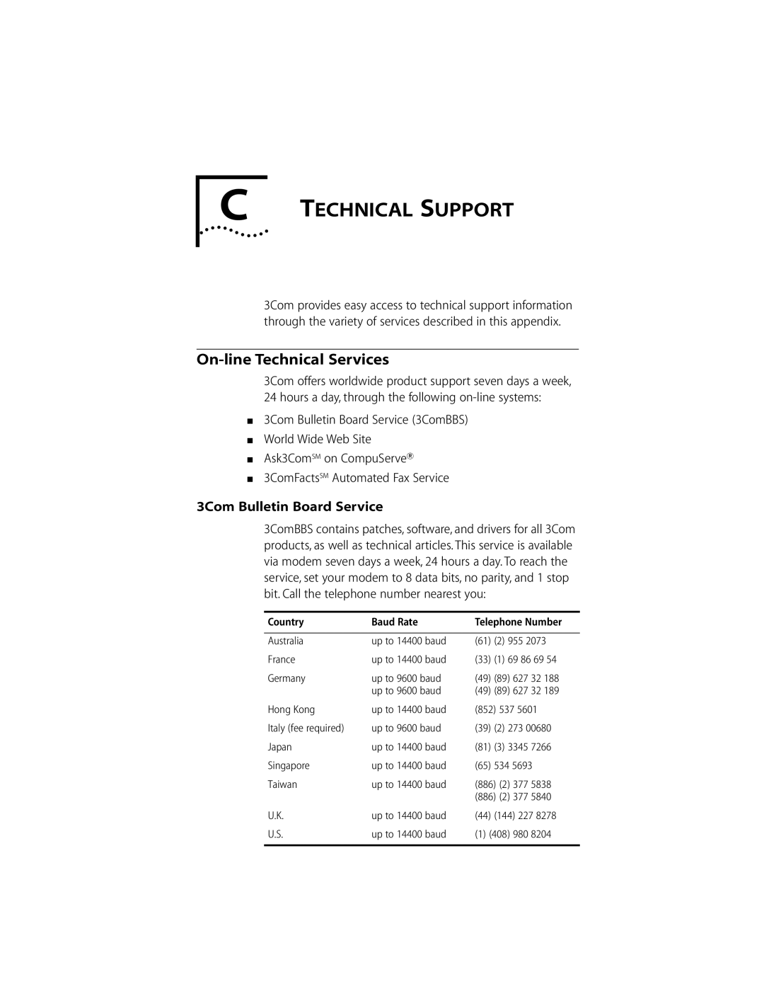 Compaq PC CARD ADAPTER manual Technical Support, On-line Technical Services, 3Com Bulletin Board Service 