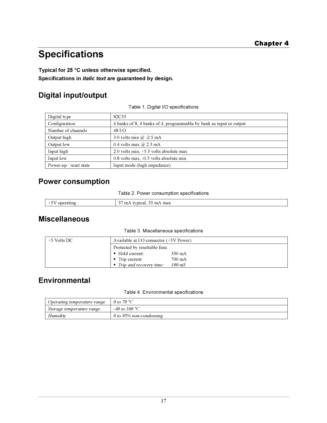 Compaq PC-CARD manual Specifications, Digital input/output, Power consumption, Miscellaneous, Environmental 