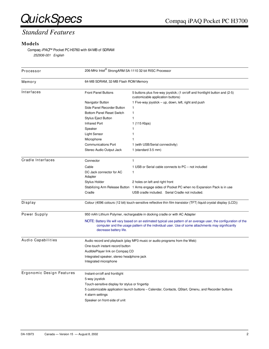 Compaq PC H3700 warranty Standard Features 