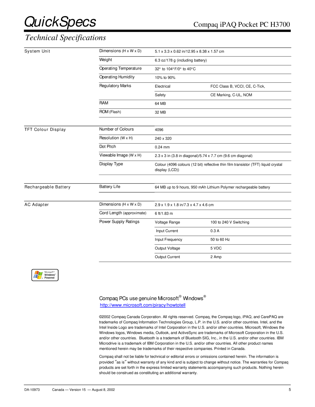 Compaq PC H3700 warranty Technical Specifications 