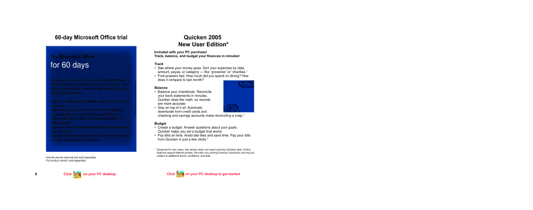 Compaq PC brochure Day Microsoft Office trial, Quicken New User Edition, Balance, Budget 