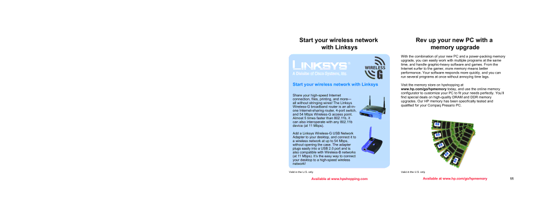 Compaq brochure Start your wireless network with Linksys, Rev up your new PC with a memory upgrade 