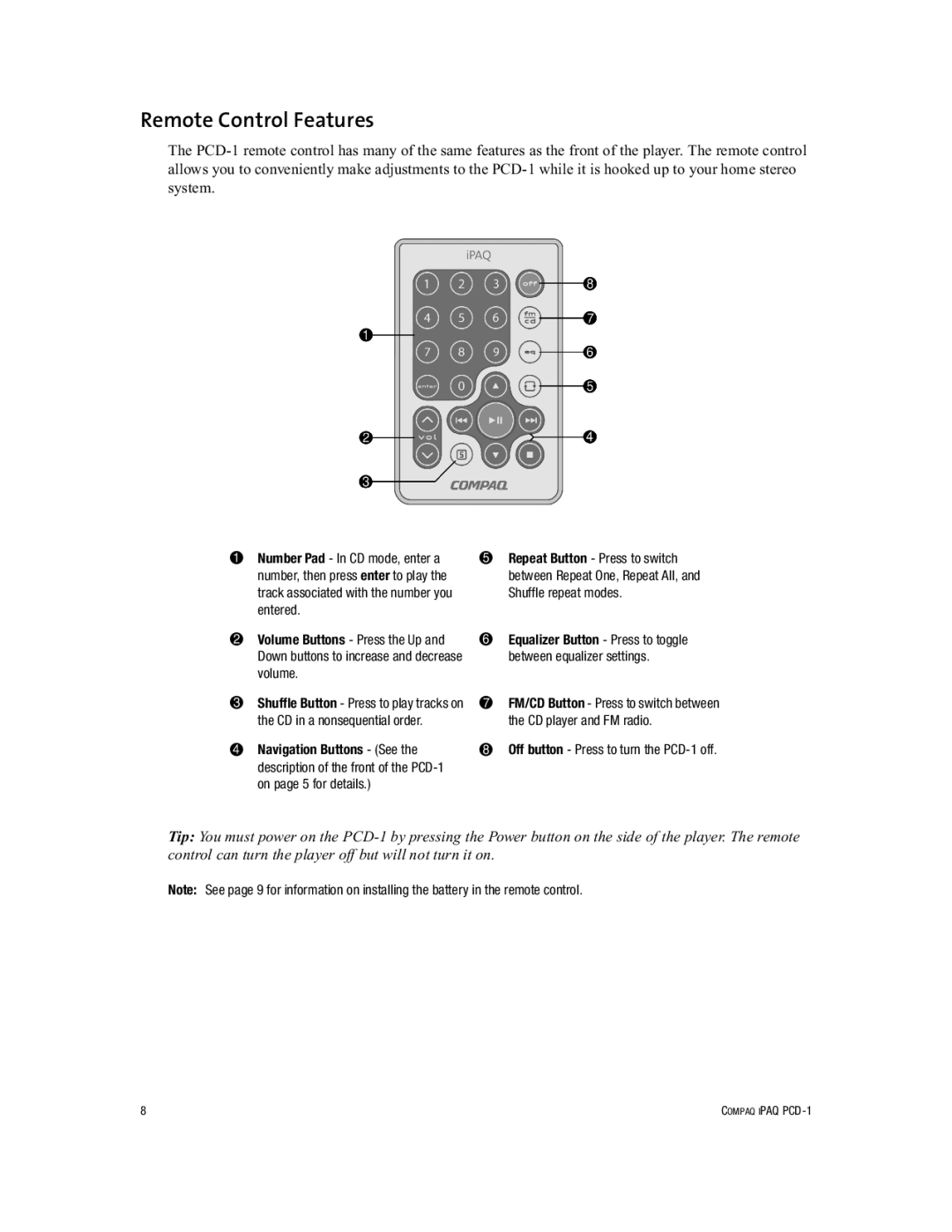 Compaq PCD-1 manual Remote Control Features 