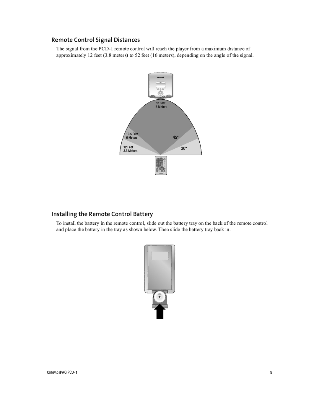 Compaq PCD-1 manual Remote Control Signal Distances, Installing the Remote Control Battery 