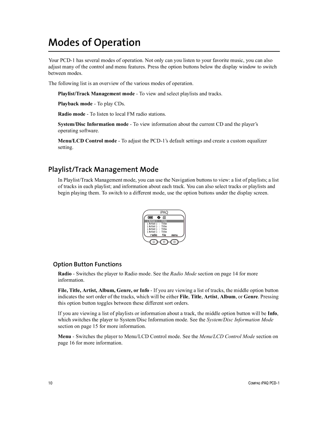 Compaq PCD-1 manual Modes of Operation, Playlist/Track Management Mode, Option Button Functions 