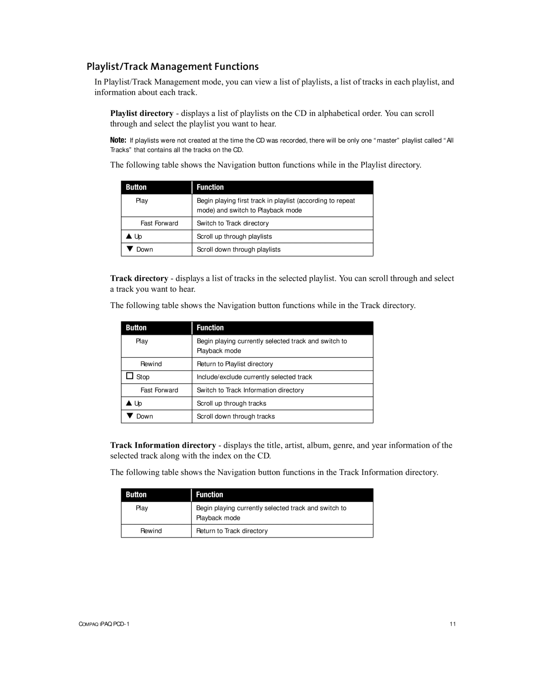 Compaq PCD-1 manual Playlist/Track Management Functions, Button Function 