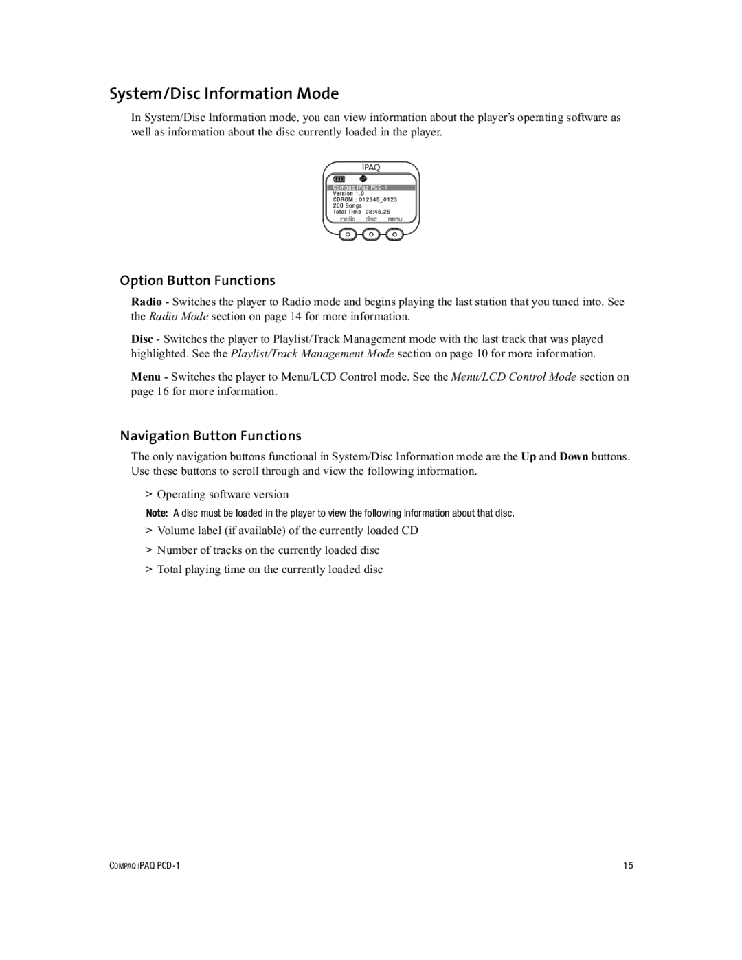 Compaq PCD-1 manual System/Disc Information Mode, Navigation Button Functions 