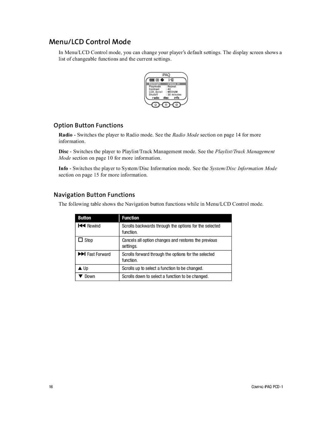 Compaq PCD-1 manual Menu/LCD Control Mode 