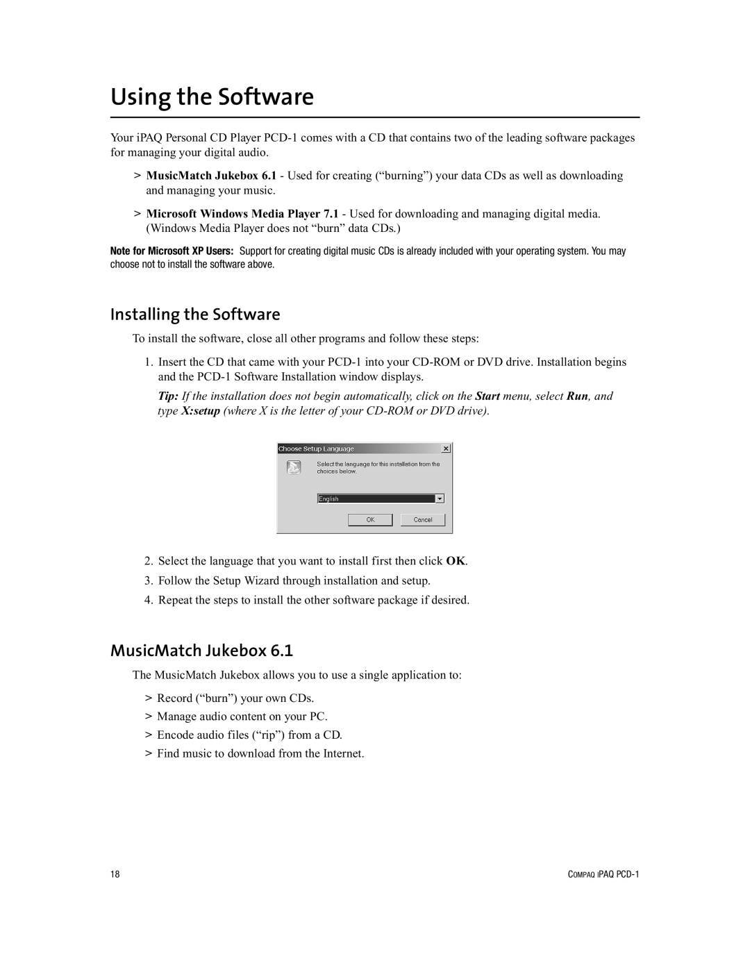 Compaq PCD-1 manual Using the Software, Installing the Software, MusicMatch Jukebox 