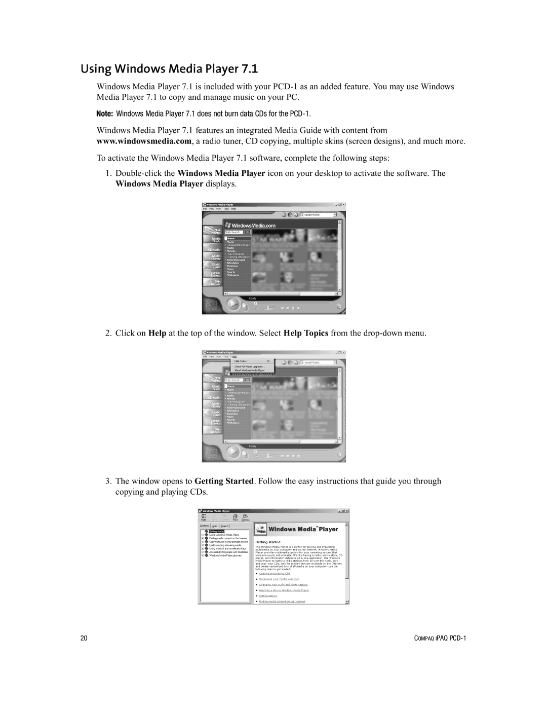 Compaq PCD-1 manual Using Windows Media Player 